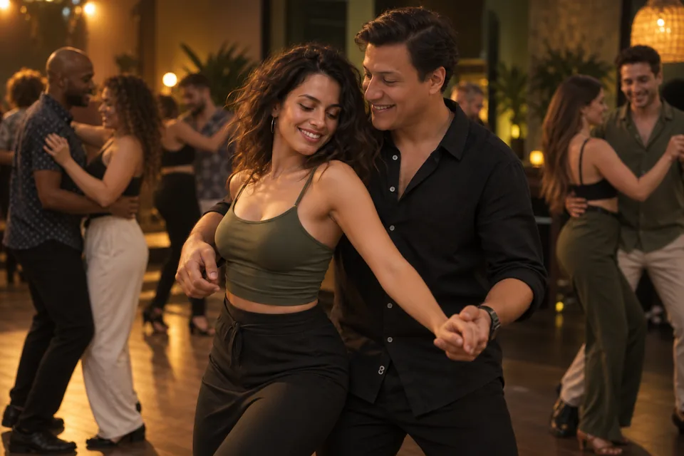 Illustration générée : un couple danse la bachata dans une ambiance chaleureuse