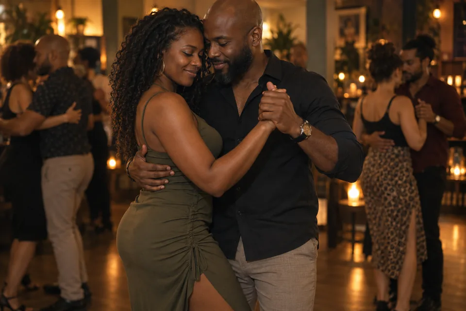 Illustration générée : un couple danse la kizomba dans une salle aux lumières ambrées